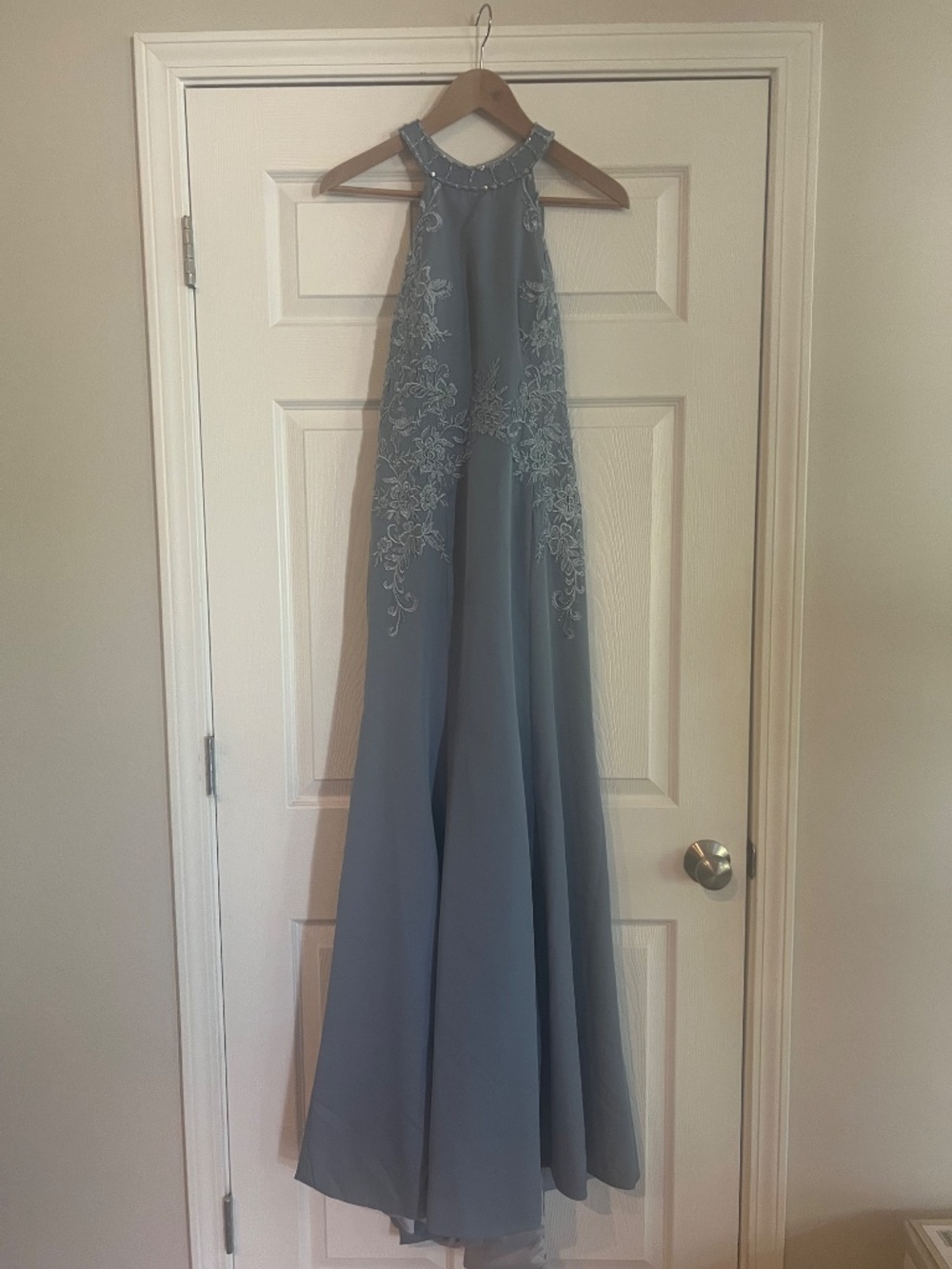 Smoky Blue Embroidered Halter Evening Gown – Floor Length Formal Dress